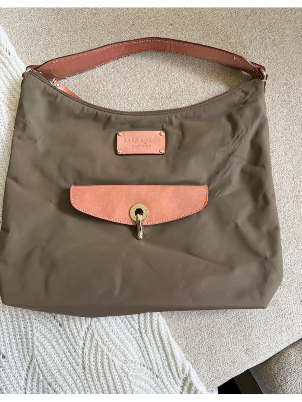Kate Spade New York Classic Nylon Leather Shoulder Hobo Bag Olive